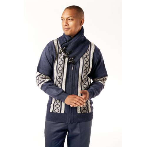 Silversilk Navy / Silver Faux Fur Shawl Collared Zip-Up Sweater 4204